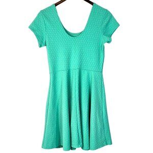 Derek Teal Turquoise Blue Jacquard Knit Short Sleeve Skater Fit & Flare Dress L